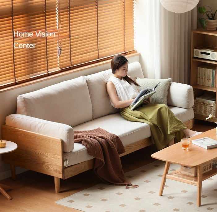 Oak Solid Wood Sofa Bed with Folding White Goose Feather Cushions - Convertible Sleeper for Small Spaces & Guest Rooms