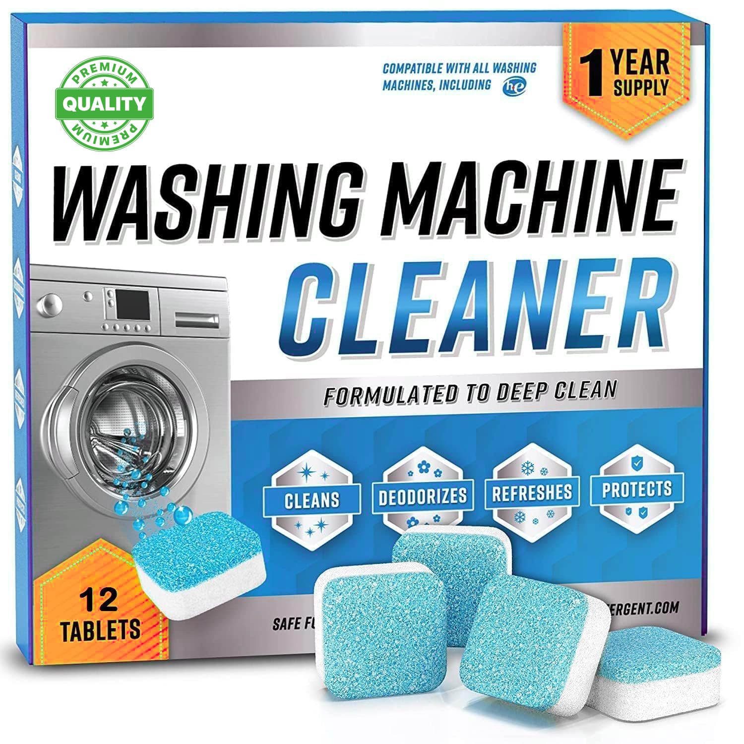 12 Pack Washing Machine Cleaner Descaler Tablets - Deep Cleaning for HE Front Load & Top Load Washers, Removes Odor & Mold - Use Monthly for Fresh Laundry & Appliance Maintenance