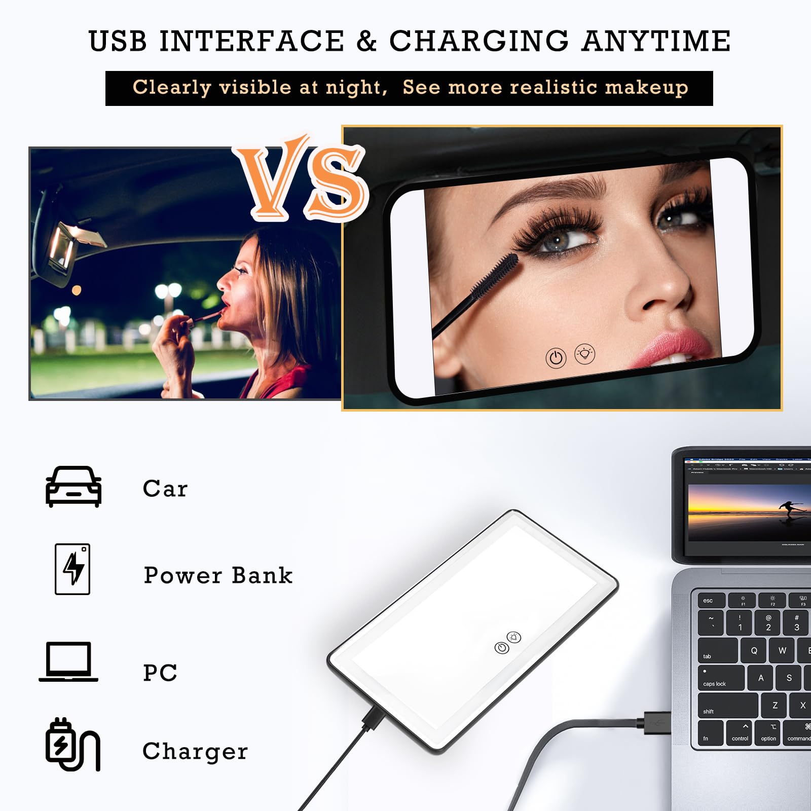 Rechargeable Car Vanity Mirror with 36 LEDs, 3 Light Modes & Touch Screen Dimming, USB Travel Makeup Mirror for Car, Truck, SUV - Perfect for On-the-Go Beauty and Grooming