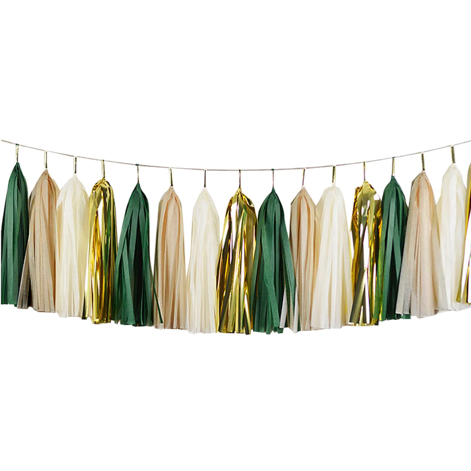 ZOOYOO 20-Pack Shiny Tassel Garland Tissue Paper Banner - Green, Gold, Beige, Khaki Party Decorations for DIY Table Centerpieces, Baby Showers & Wedding Decor
