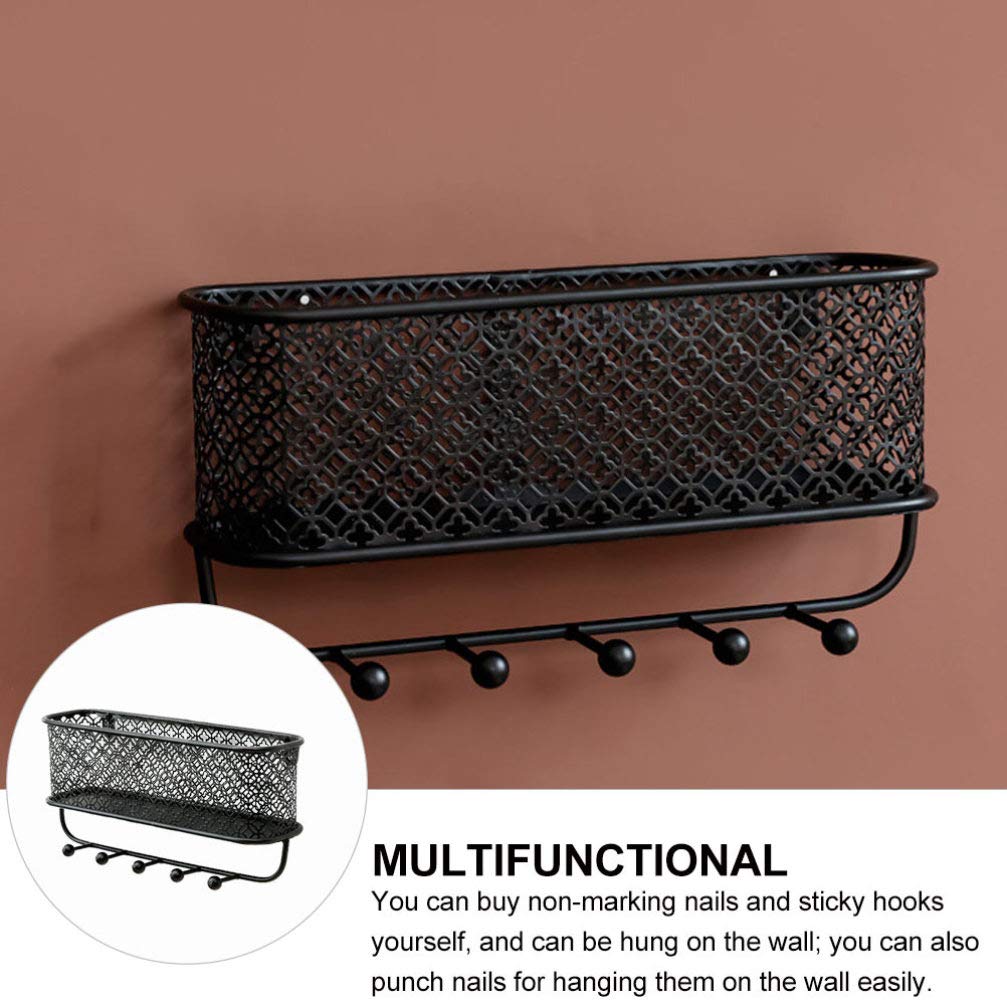 Farmhouse Wall Mounted Hooks & Basket Set - Black Metal Wire Entryway Organizer for Hallway, Mudroom, Bedroom, Bathroom & Laundry Room Storage | Rustic Home Decor & Space Saving Solution
