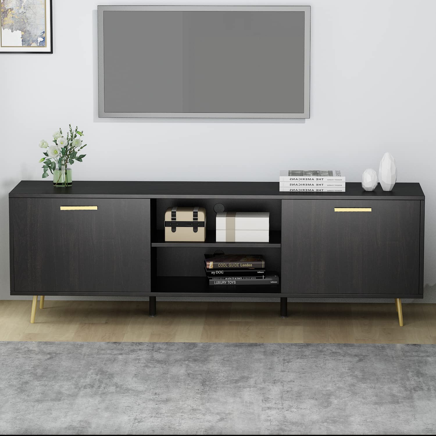 Modern TV Stand for 75 Inch TVs - Entertainment Center with 2 Doors & 2 Open Shelves, Gold Metal Legs - Black Brown TV Console Table (69”L x 15.6”W x 22.4”H) - Perfect for Living Room & Bedroom Home Theater Setup