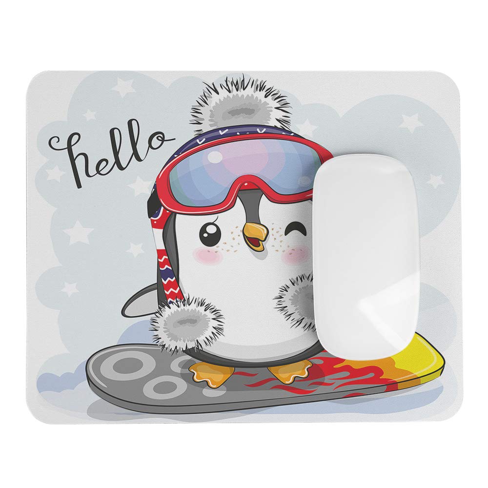 Funny Blue Cartoon Penguin Mouse Pad with Goggles & Cap on Snowboard - Non-Slip Rubber Base Computer Mousepad for Laptop, PC, Office & Gaming Desk Accessories - Perfect for Work, Home & Gaming Setups