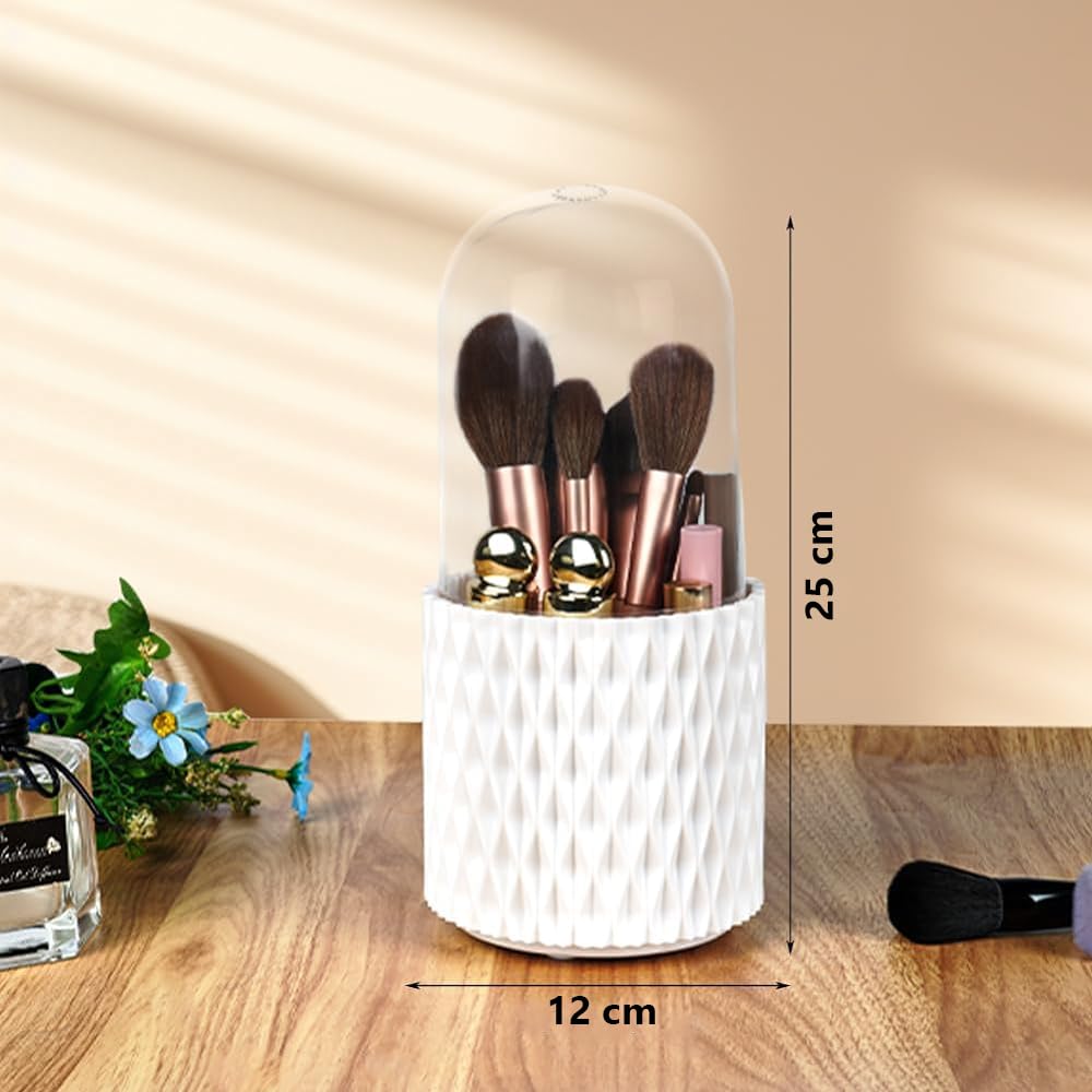 INOVERA 5 Slot Makeup Brush Holder | 360° Rotating Cosmetic Organizer with Dustproof Lid | Brush Storage Case for Women & Girls | Perfect for Vanity, Travel & Salon Use (White)