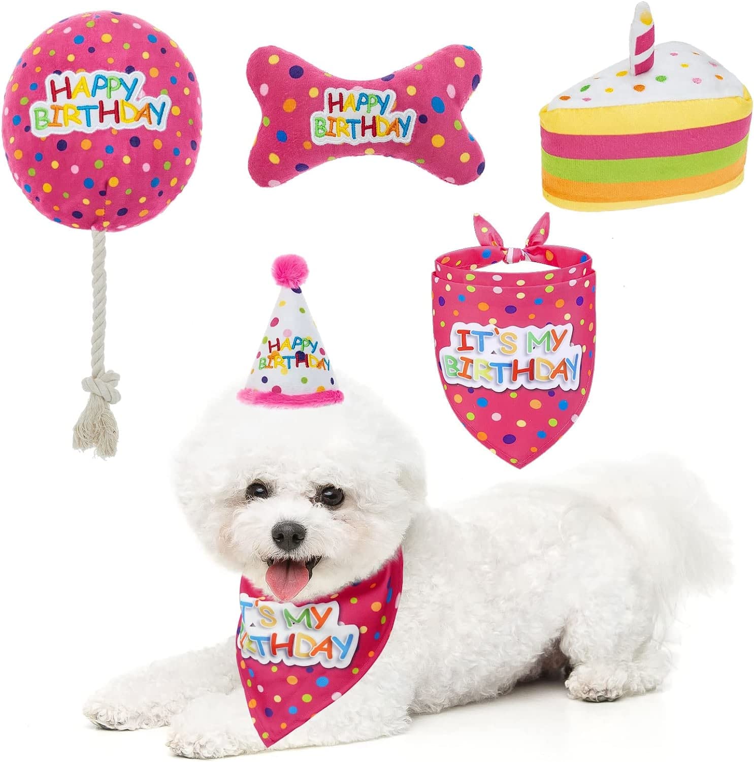 Dog Birthday Toy Set with Birthday Hat & Bandana - Plush Squeaky Toys & Party Decorations - Perfect for Dog Birthday Parties, Puppy Celebrations & Gift Giving
