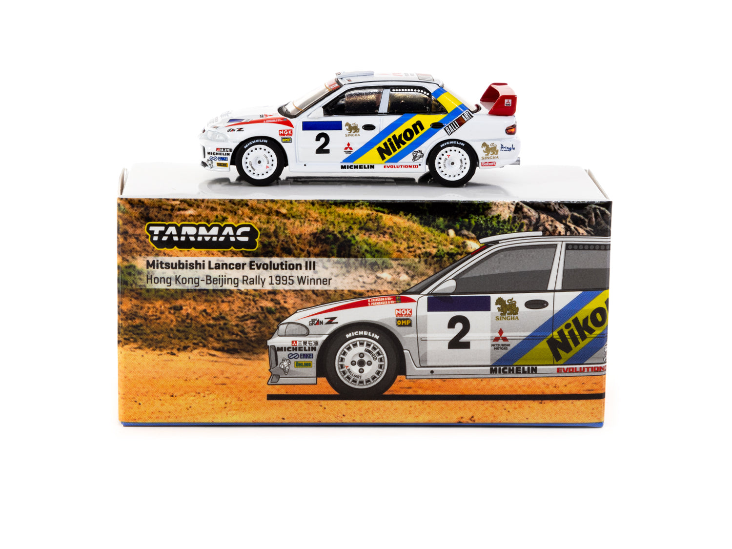 1/64 Scale Tarmac Works Mitsubishi Lancer Evolution III Diecast Model - 1995 Hong Kong Beijing Rally #2 Winner Car - Collectible Miniature Vehicle for Display & Racing Enthusiasts - Perfect for Diecast Collections, Office Decor, and RC Racing Scenes