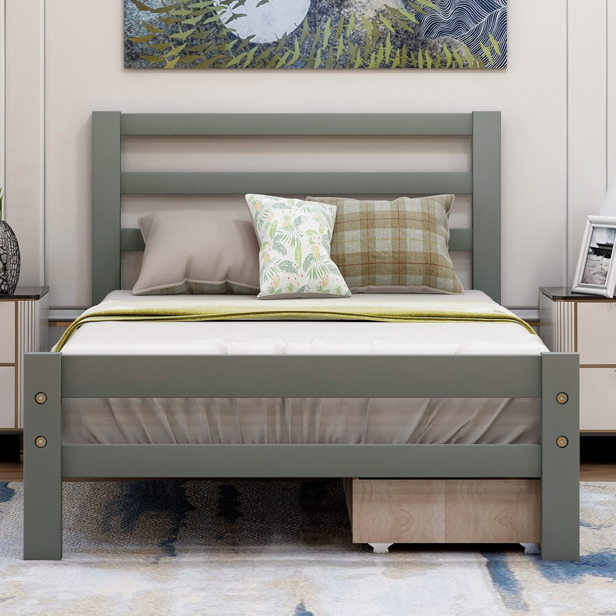P PURLOVE Twin Bed Frame - Solid Wood Platform Bed with Storage Drawer, Headboard & Footboard, Wood Slat Support - White - Perfect for Kids Rooms, Guest Bedrooms & Small Spaces
