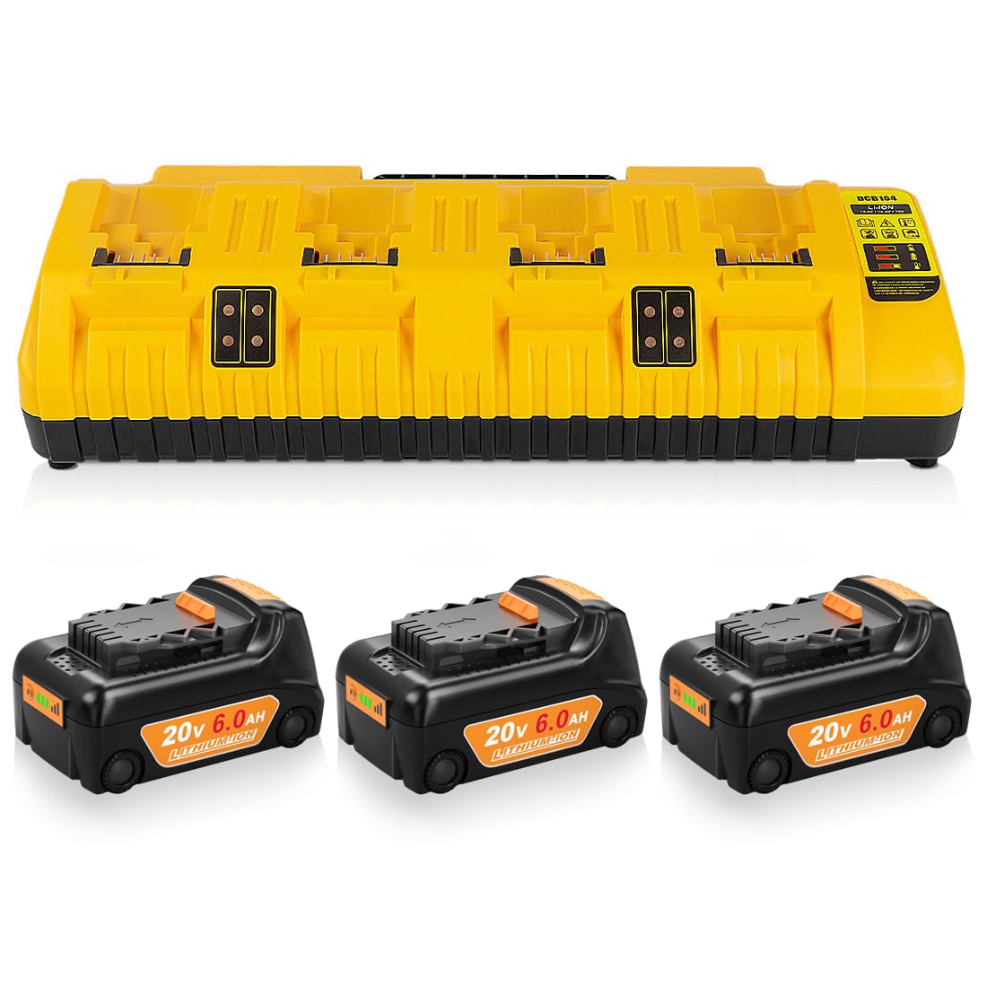 DCB104 20V Battery Charger & 3-Pack Replacement Batteries for Dewalt Power Tools - Fast Charging Station for Cordless Drills, Saws, and Outdoor Power Equipment