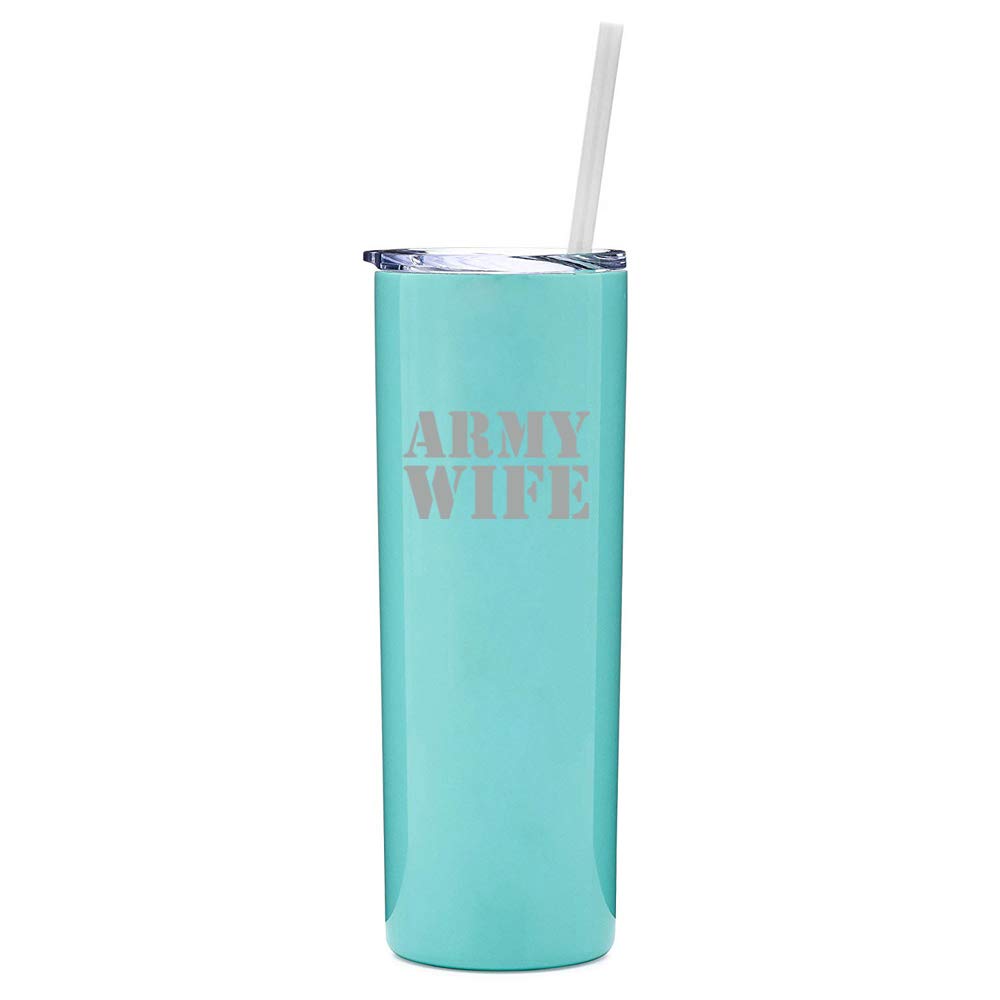 20 oz Skinny Tall Stainless Steel Vacuum Insulated Tumbler with Straw - Leakproof Travel Mug for Coffee & Tea - Perfect for Office, Gym & Outdoor Adventures - Army Wife Design (Light Blue)