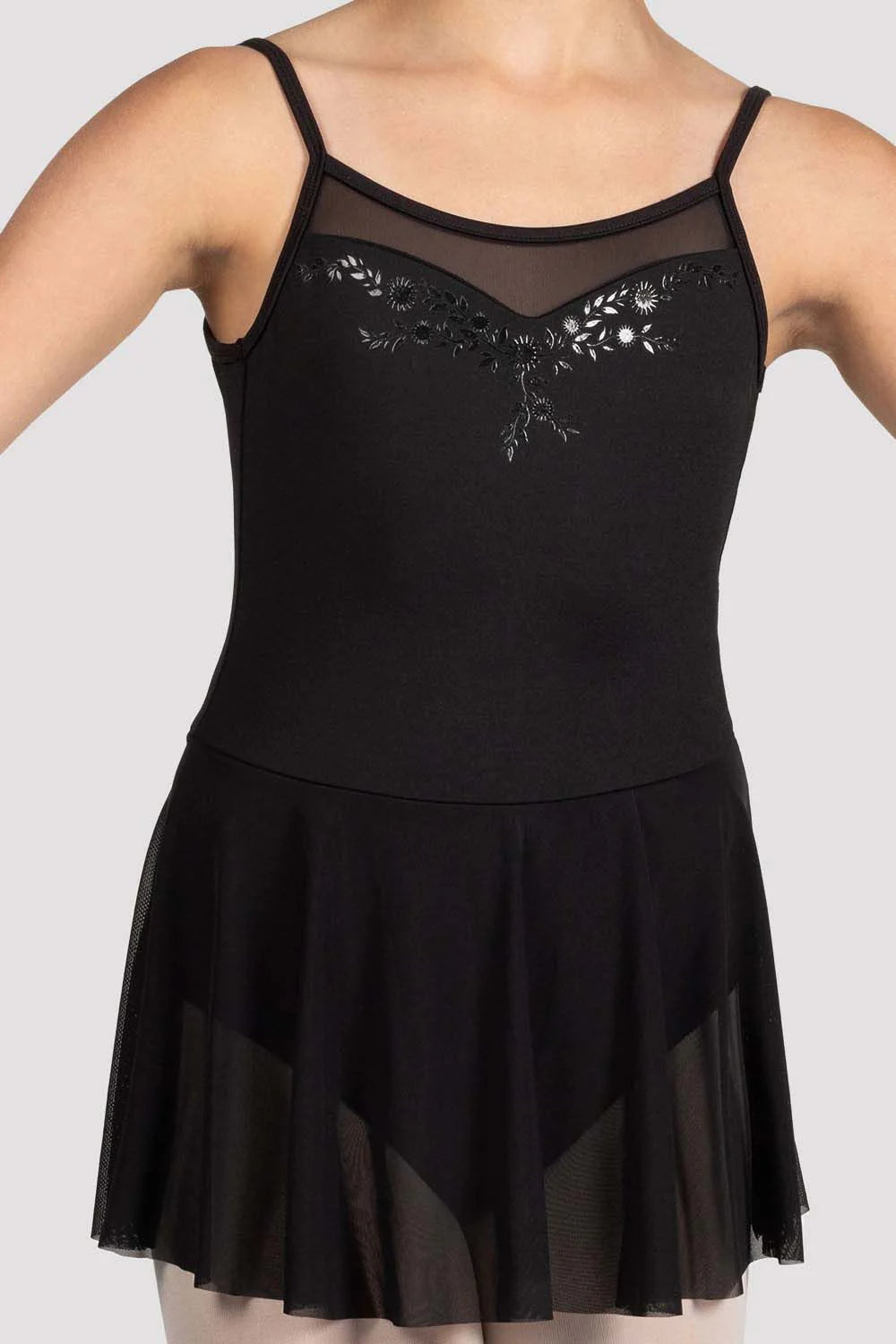 Bloch Mirella Black Glow Scoop Neck Skirted Leotard for Ballet, Dance & Performance - Stretchable & Comfortable Dancewear for Kids & Adults