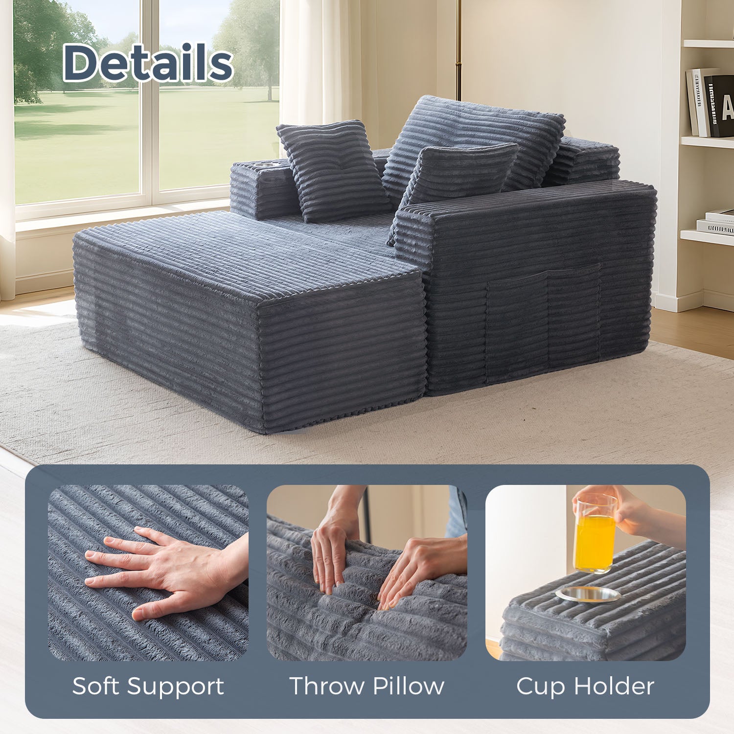 MAXYOYO 65x49 Oversized Chaise Lounge Sofa - Ultra Comfortable Cloud Couch with 3 Pillows, Dark Grey - Perfect for Living Room, Bedroom & Home Office Relaxation