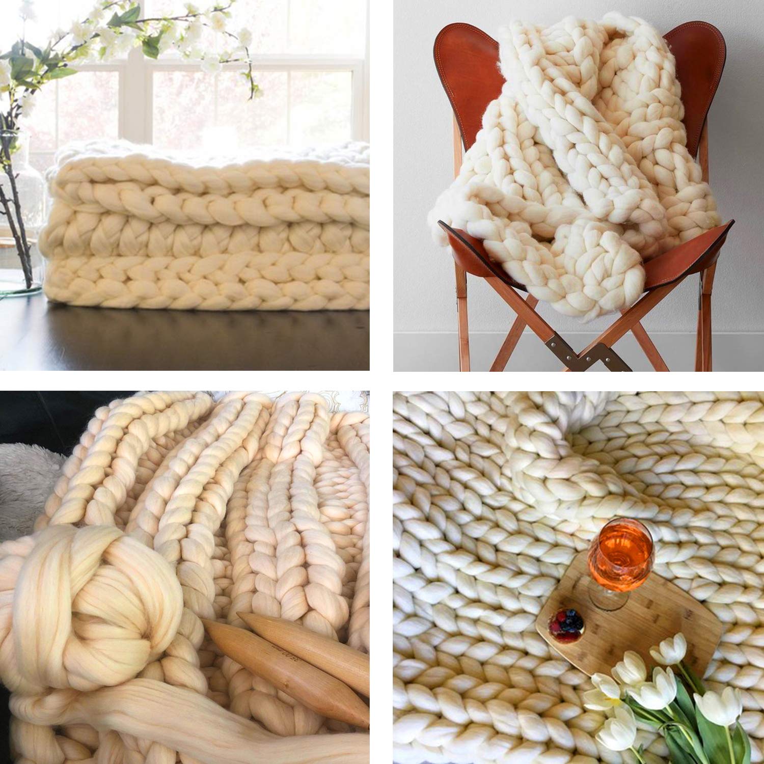Clootess Chunky Knit Blanket - Merino Wool Handmade Boho Throw - 47x60 in (120x150 cm) - Soft & Cozy Beige Blanket for Bedroom, Living Room & Couch - Perfect for Winter Nights, Netflix Binges & Home Decor