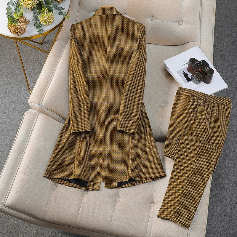 Women's Autumn Winter Formal Office Business Suit Set - Slim Fit Plaid Blazer & High Waist Ankle Pants | Professional Work Attire for Business Meetings & Corporate Events
