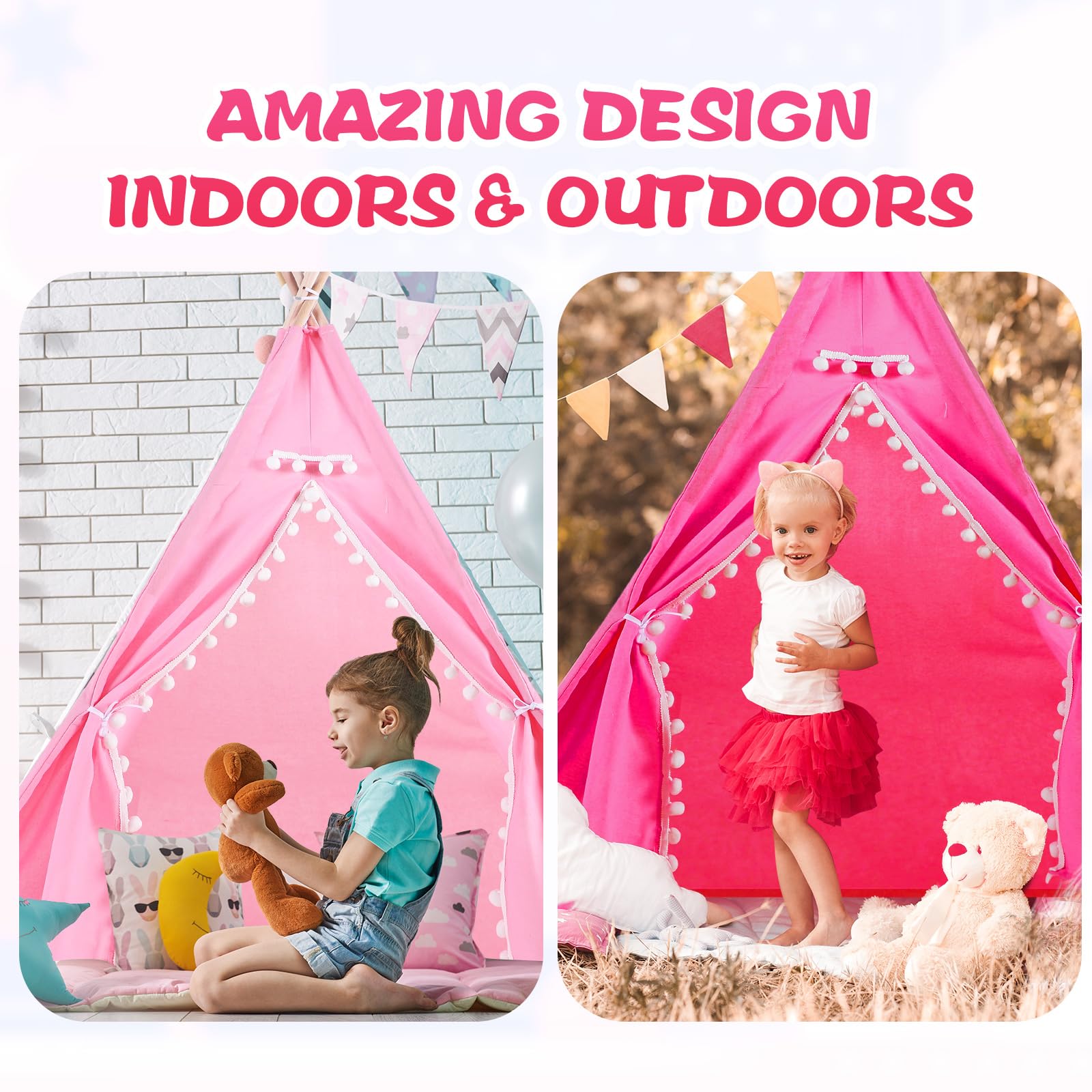 Windyun 6-Piece Kids Teepee Tent Set - Foldable & Washable Play Tent for Boys & Girls, Indoor/Outdoor Boho Playhouse for Toddlers, Birthday Parties, Sleepovers, Pajama Parties & Spa Days (63