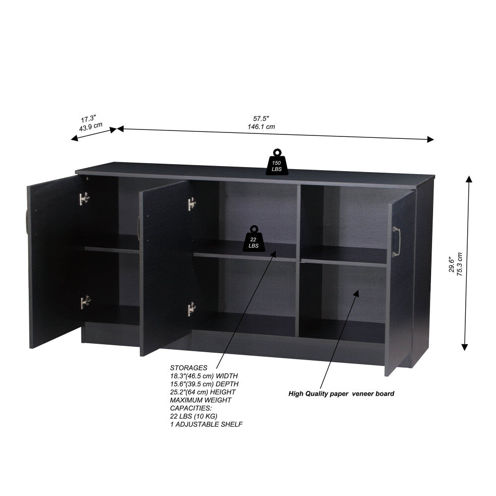 Large Wooden 3-Door Sideboard Buffet Cabinet - Black Oak Finish for Dining Room Storage & Home Organization | Perfect for Kitchen, Living Room & Entryway Storage Solutions