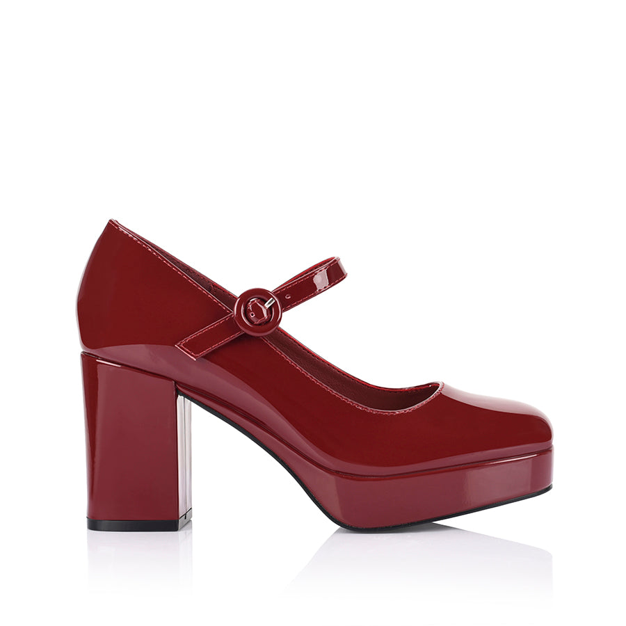 Hennessy Mary Jane Platform Shoes - Wine Red Patent Leather Women's Heels for Party, Wedding & Evening Wear