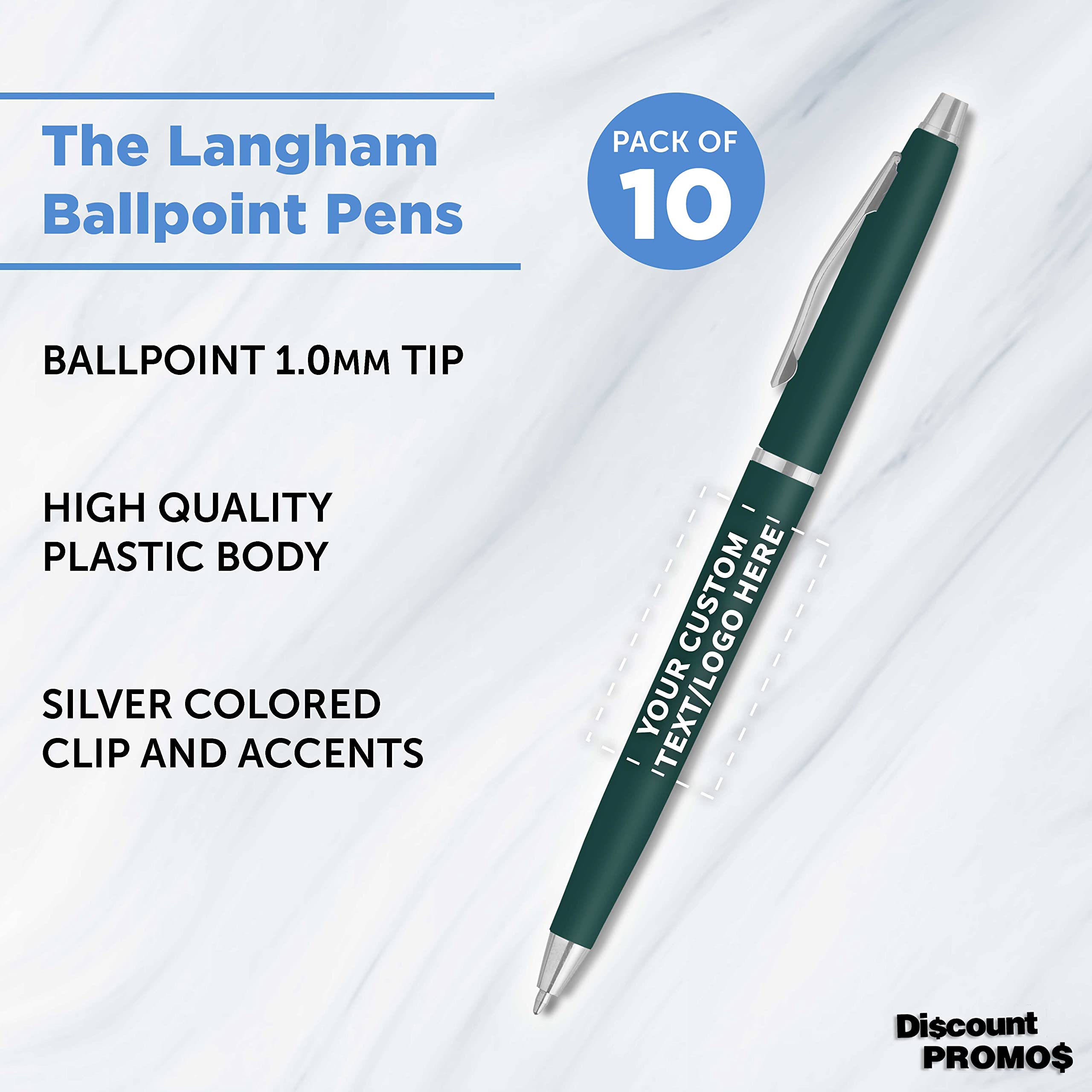 Custom Langham Ballpoint Pens - Set of 10 Personalized Bulk Pack with Black Ink | Premium Office & School Supplies | Perfect for Business Gifts, Tradeshows & Corporate Events (Hunter Green)