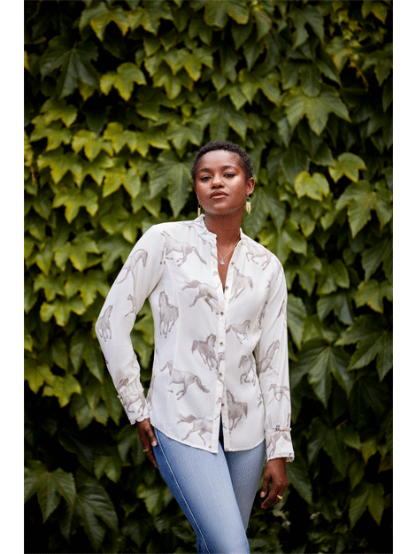 Clarion Women's Long Sleeve Blouse with Vintage Sepia Horse Print - Elegant Office Wear & Casual Outfit