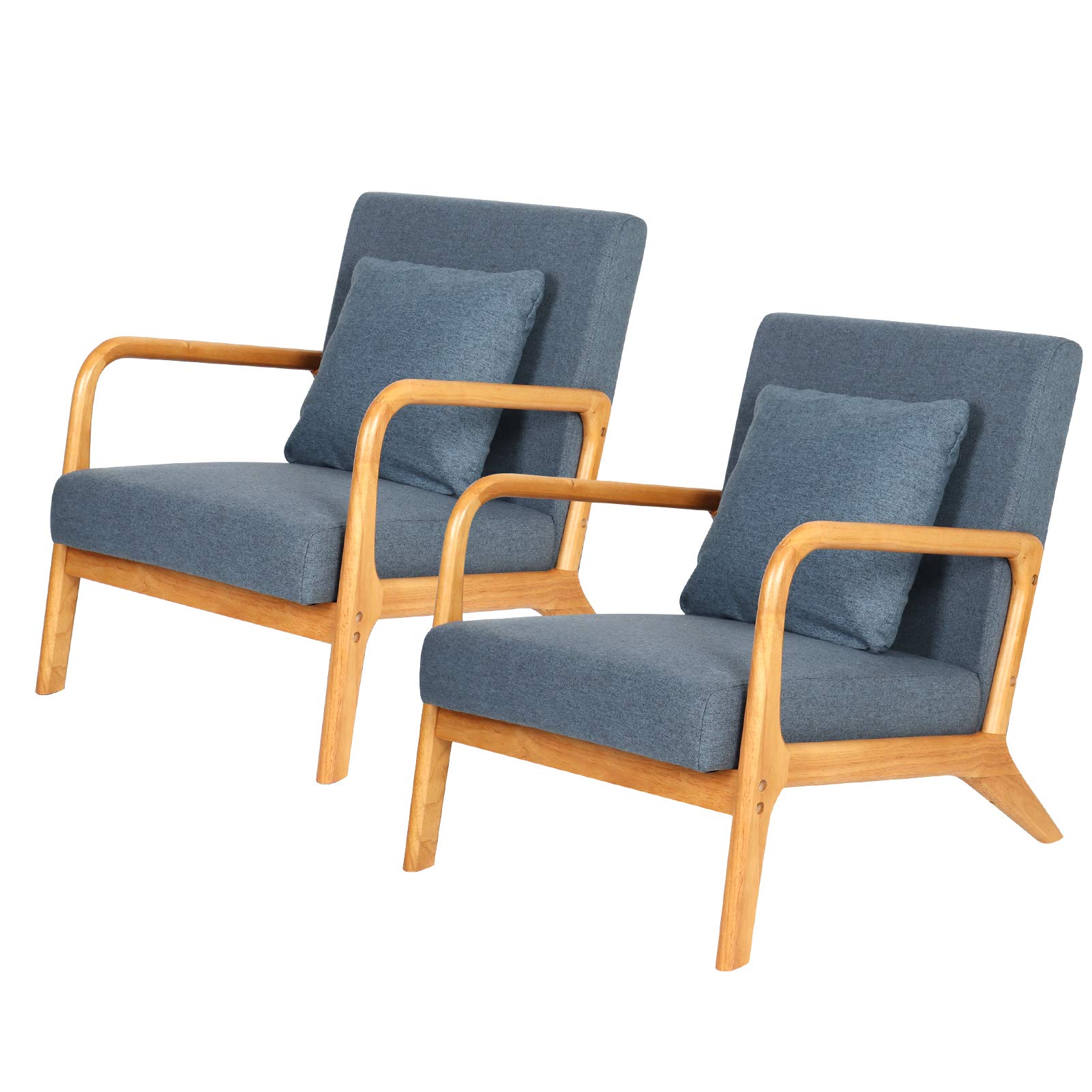 Mid-Century Modern Accent Chair - Solid Wood Frame Armchair with Soft Cushion & Pillow - Comfortable Deeper Sitting Chair for Living Room, Bedroom, Balcony - Perfect for Relaxing, Reading & Home Decor (Navy Blue)