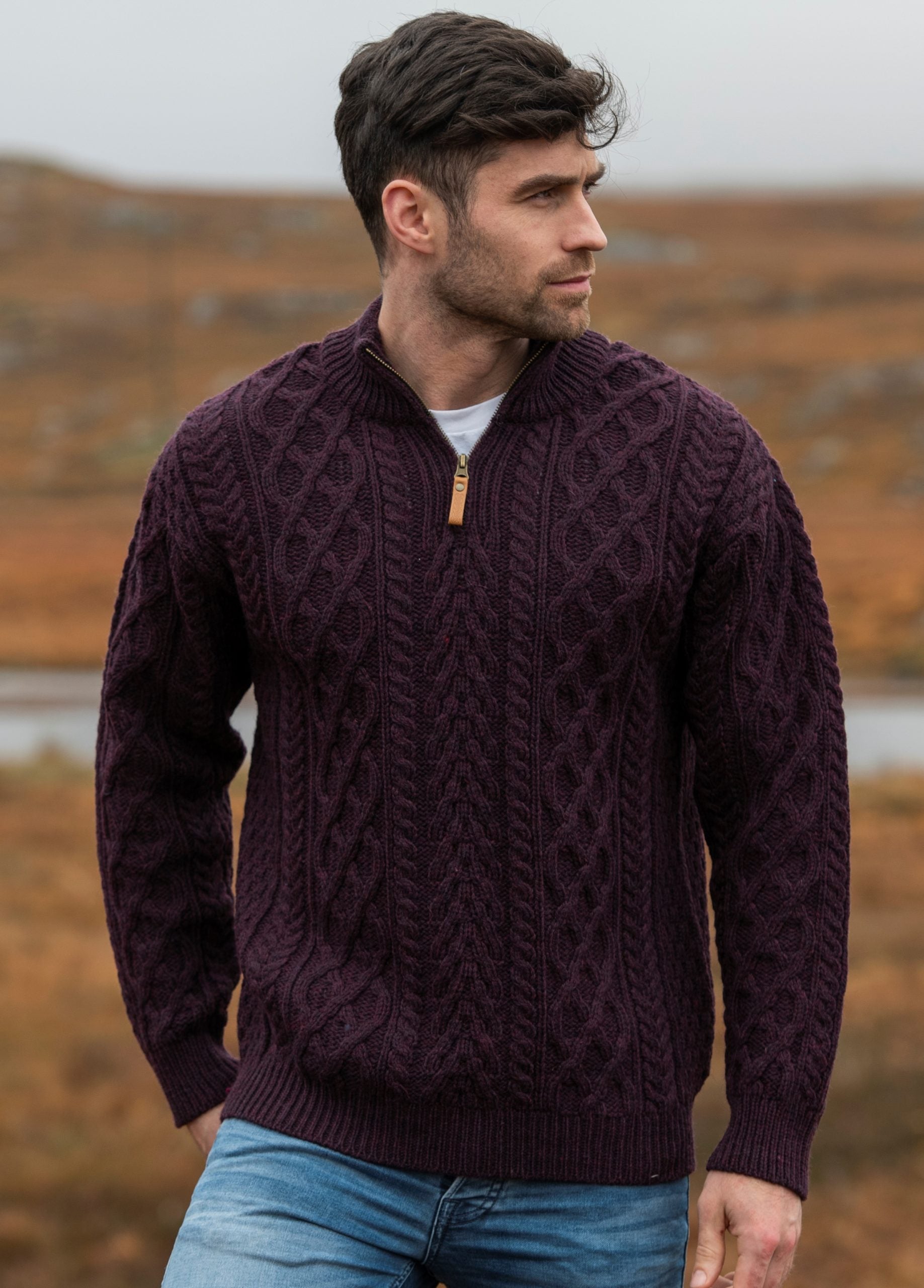 Men's Quarter Zip Aran Sweater - Soft Wool Pullover with 3 Color Options | Warm & Cozy for Outdoor Activities, Casual Wear & Layering