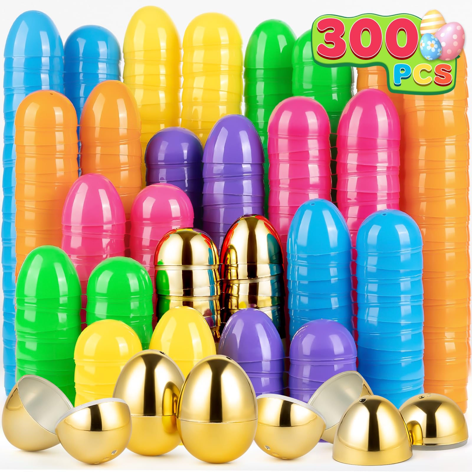 300PCS Plastic Easter Eggs Bulk - 2.4 Inch Hinged Fillable Eggs (288 Colorful + 12 Golden) for Easter Egg Hunt, Party Favors & Basket Stuffers - Perfect for Kids Easter Party, Classroom Activities & Spring Celebrations
