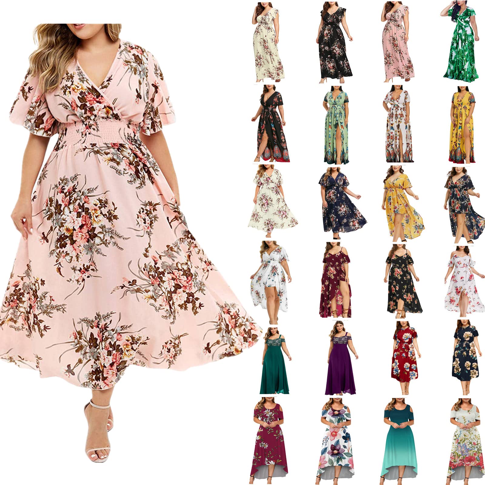 AMIMOJY Plus Size Summer Dresses for Women - Floral Print Boho Maxi & Sundresses, Short Sleeve Casual Dress - Perfect for Beach Vacations, Garden Parties & Summer Outings