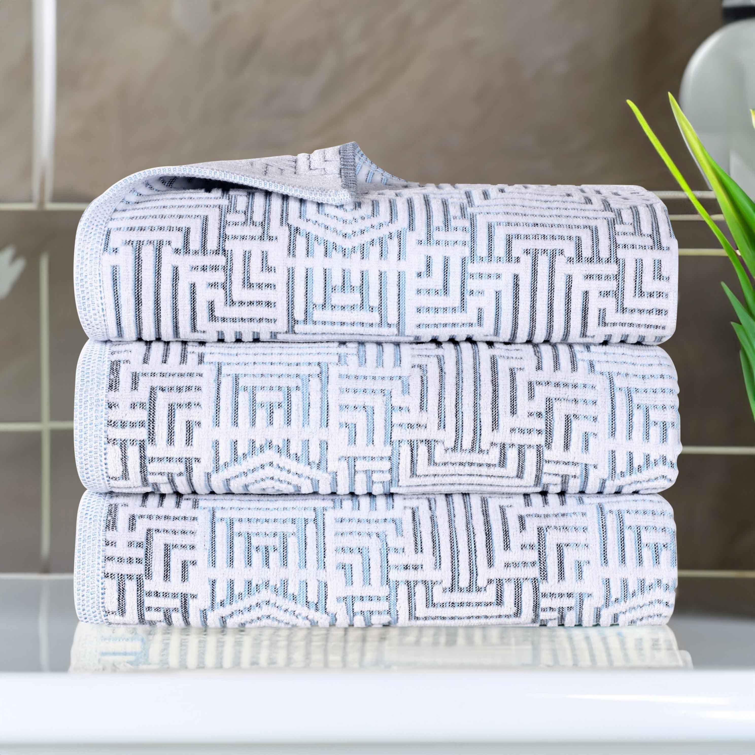 Premium Cotton Modern Geometric Jacquard Plush Bath Towel Set - Ultra Absorbent & Quick Dry - 3-Piece Luxury Bathroom Towel Set for Spa, Hotel & Home Use