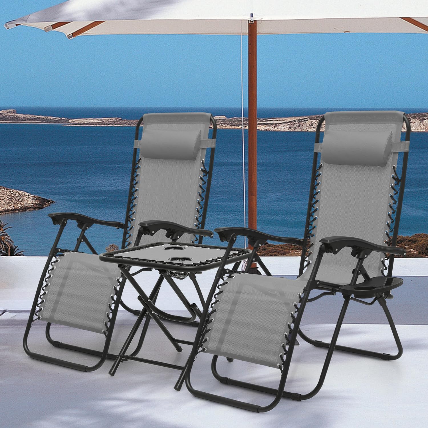 MoNiBloom 3-Piece Zero Gravity Lounge Chair Set - Adjustable Reclining Outdoor Chairs with Side Table, Pillow & Tray - 330lbs Capacity - Perfect for Pool, Patio, Beach, Backyard & Camping - Space Gray