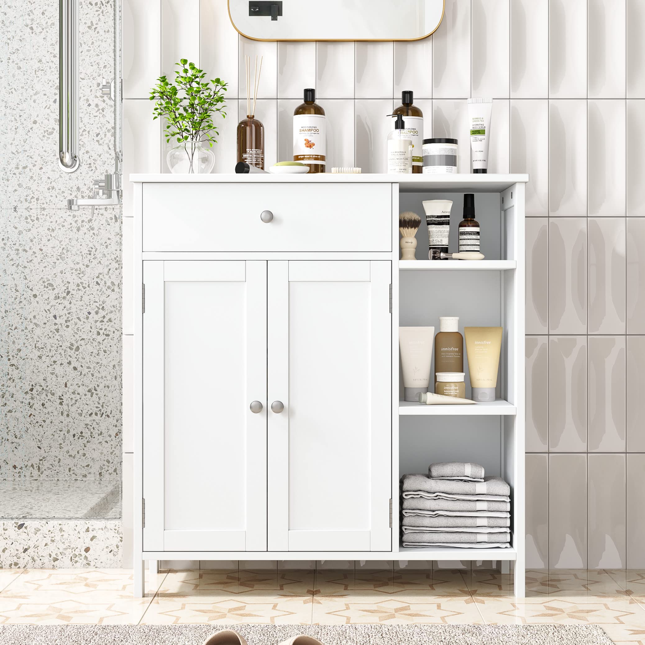 Irontar White Bathroom Cabinet with Doors & Drawer - Adjustable Shelf Floor Storage Cabinet for Bathroom, Kitchen, Living Room & Entryway - Perfect for Organizing Towels, Toiletries & Home Essentials