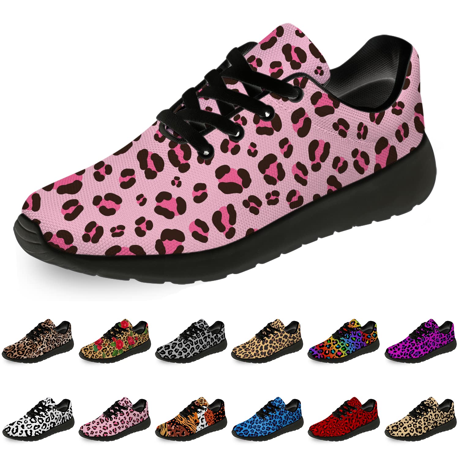 Leopard Print Running Shoes for Men & Women - Pink Cheetah Animal Print Tennis Sneakers for Walking, Jogging & Gym Workouts - Size 10 Men/11.5 Women in Black & Light Pink - Perfect Gift for Boys & Girls