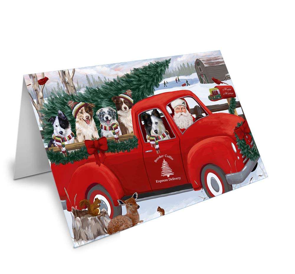 Christmas Santa Express Delivery Red Truck Greeting Cards - Adorable Pet Invitation Cards with Envelopes - Border Collie Dog Art Holiday Cards (10-Pack) for Christmas Gifts, Party Invitations & Festive Pet Lover Greetings