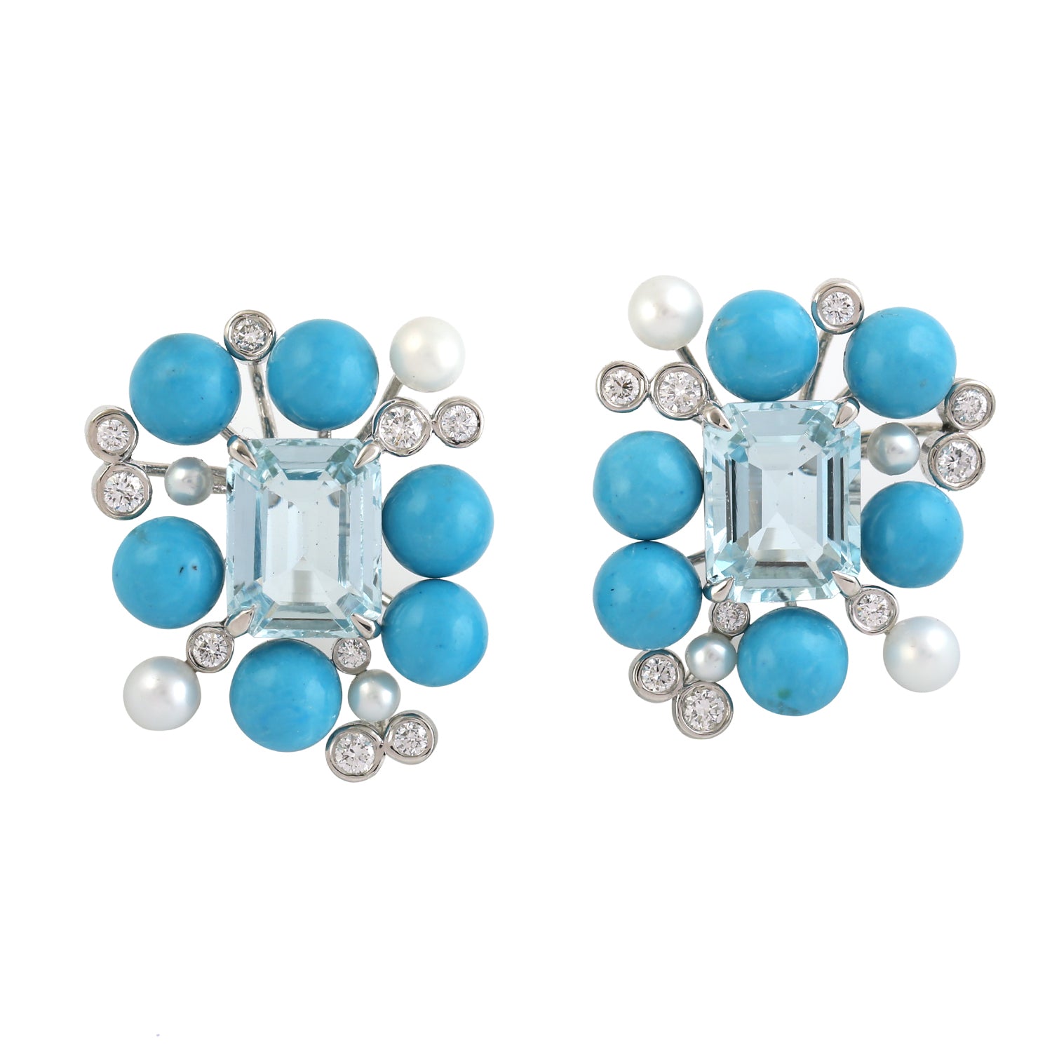 Baguette Aquamarine & Round Turquoise Pearl Bezel Diamond Stud Earrings in 14K White Gold – Perfect for Weddings, Parties & Special Occasions