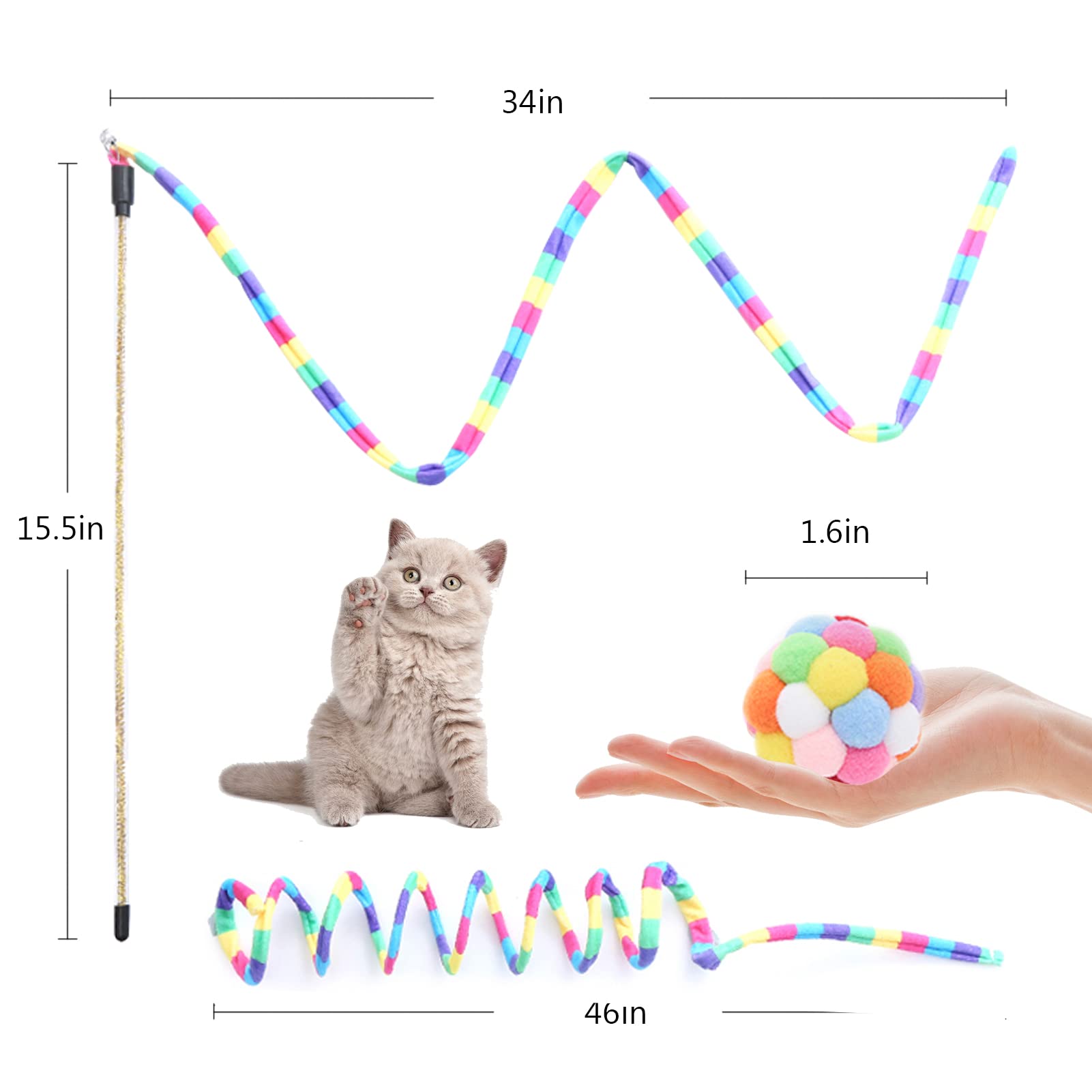 Interactive Cat Toys for Indoor Cats - 3 Pack Rainbow Wand, Fuzzy Balls with Bell & Springs - Fun Exercise Toys for Kittens & Puppies | Perfect for Playtime, Chase Games & Bonding Activities