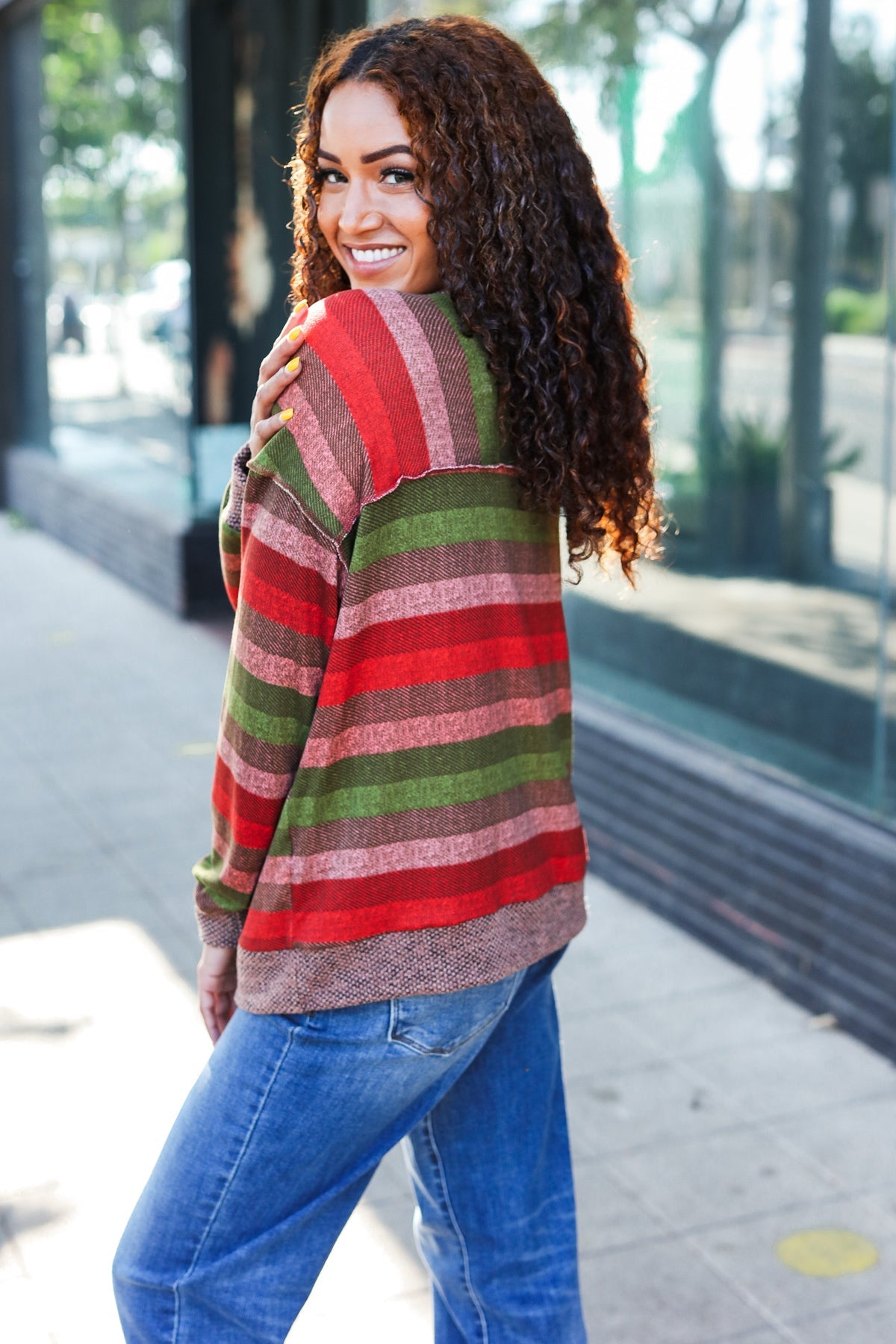 Stylish Olive & Mauve Striped Two-Tone Banded Sweater Top for Women | Casual Fall Fashion | Perfect for Office Wear & Weekend Outfits