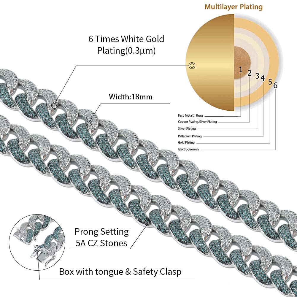 JINAO 18MM All ICED Out Simulated Diamond Miami Cuban Chain Necklace for Men - Luxury Hip Hop Jewelry for Parties, Gifts & Streetwear Fashion