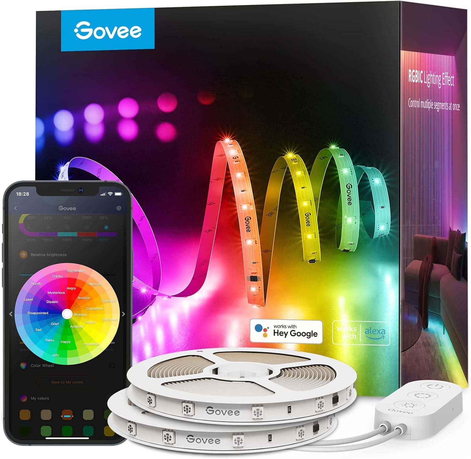 Govee 100ft RGBIC Smart LED Strip Lights with WiFi App Control, Works with Alexa & Google Assistant, Color Changing Music Sync Lights for Bedroom, Living Room, Gaming Setup & Home Decor