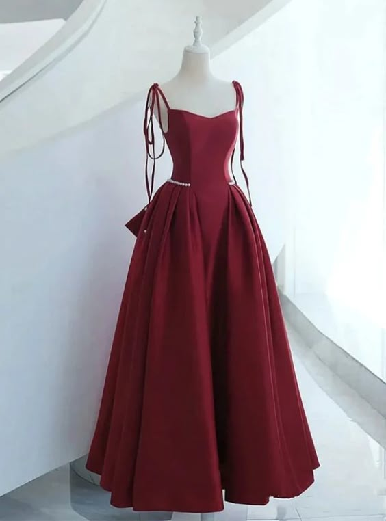 Elegant Burgundy Satin Prom Dress with Spaghetti Straps & Bow Detail - A-Line Long Formal Gown J4646 for Homecoming, Prom Night & Special Occasions