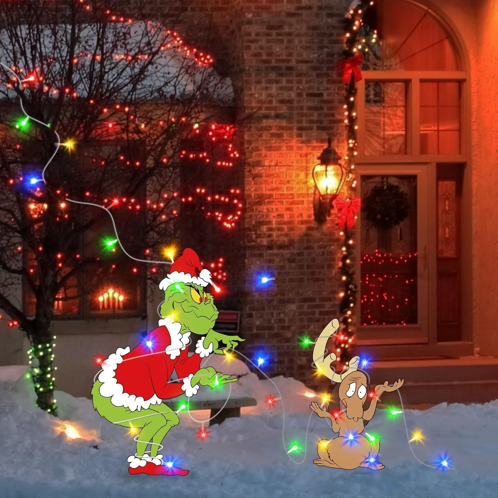 2pcs Green Couple Gnome Christmas Yard Decorations with LED String Lights & Stakes - Outdoor Holiday Lawn & Garden Decor for Christmas, Patio, Front Yard & Backyard Lighting