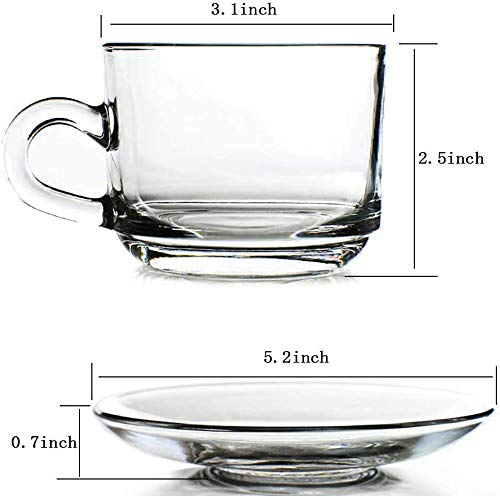 PrimeWorld London Tea Cup and Saucer Set - 12 Piece (6 Cups & 6 Saucers) 180ml Crystal Clear Espresso Coffee Mugs with Handle - Durable Toughened Glass for Cappuccino, Latte, Milk, Hot & Cold Drinks - Perfect for Tea Parties, Coffee Shops, Restaurants and Home Use