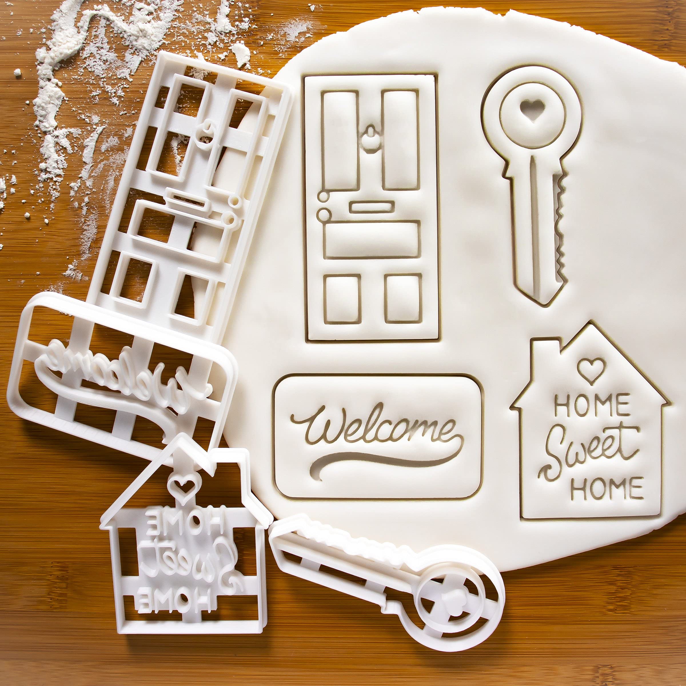 Set of 4 Stainless Steel Housewarming Cookie Cutters - Home Sweet Home, House Door, Key & Welcome Mat Shapes - Perfect for New Home Gifts, Baking Decorations & DIY Cookie Making