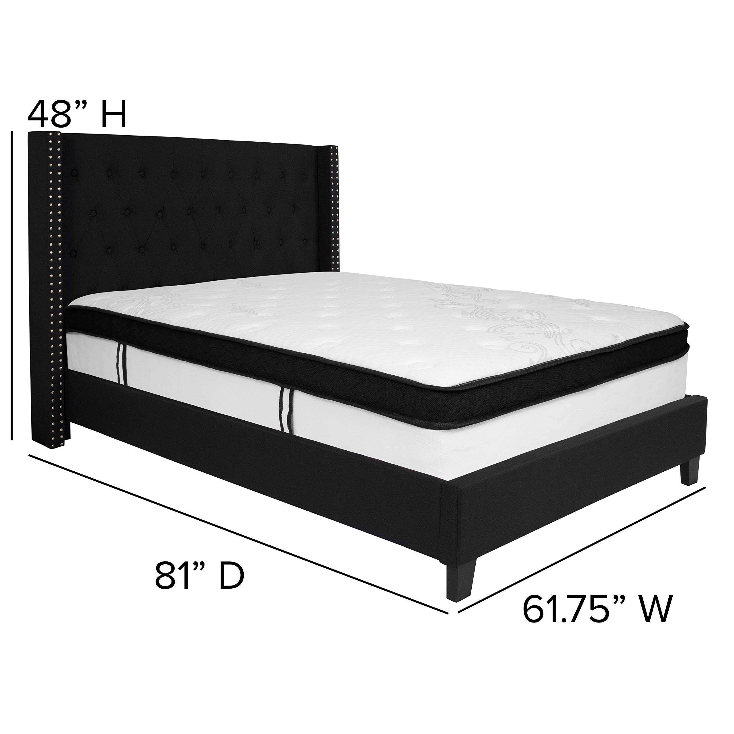 Full Accent Extended Panel Platform Bed Frame with Memory Foam Mattress - Black Fabric Upholstery | Modern Bedroom Furniture for Small Spaces & Guest Rooms