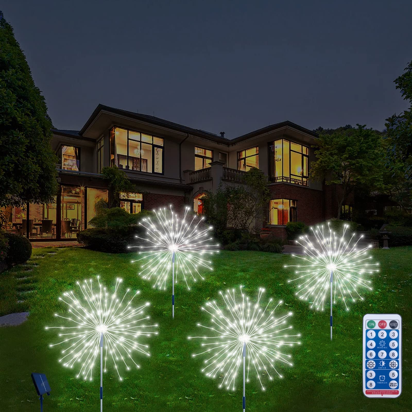 4 Pack Solar Fireworks Lights Outdoor Waterproof - 480 LED Solar Garden Lights with Remote Control & 8 Lighting Modes, DIY Starburst Fairy Lights for Patio, Christmas, Party, Yard Decoration (Perfect for Garden, Pathway, Wedding, Holiday Decor)