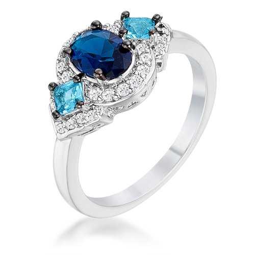 1.3Ct Blue CZ Three Stone Engagement Ring in Rhodium & Hematite Plating - Perfect for Proposals, Anniversaries, and Special Occasions