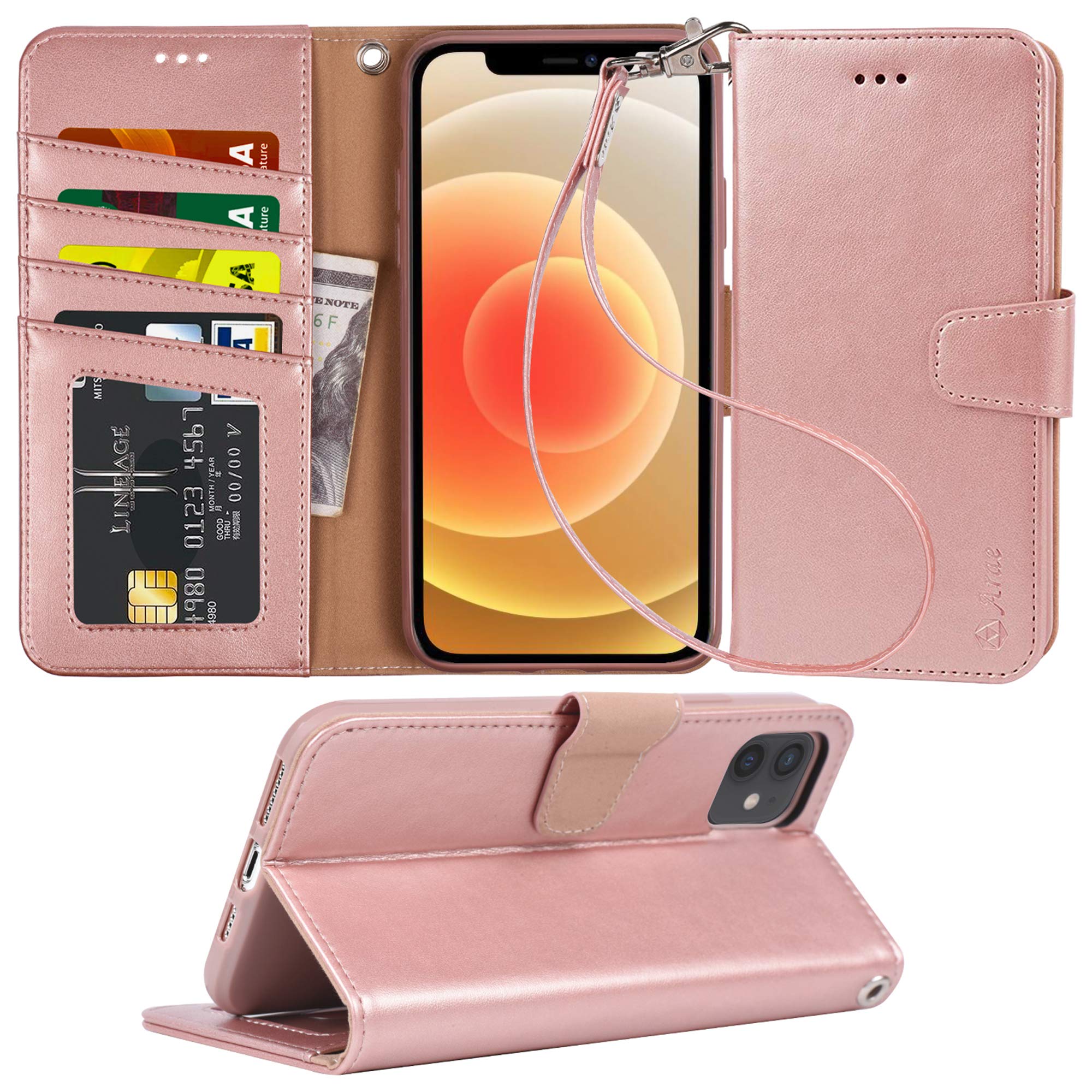 Arae iPhone 12/12 Pro Wallet Case with Card Holder & Wrist Strap - Rose Gold Flip Cover | Perfect for Everyday Use, Travel & Hands-Free Convenience