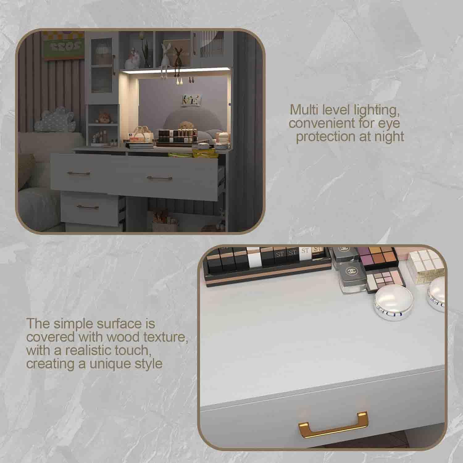 Modern White Vanity Desk with Large Lighted Mirror & Storage - 66.9
