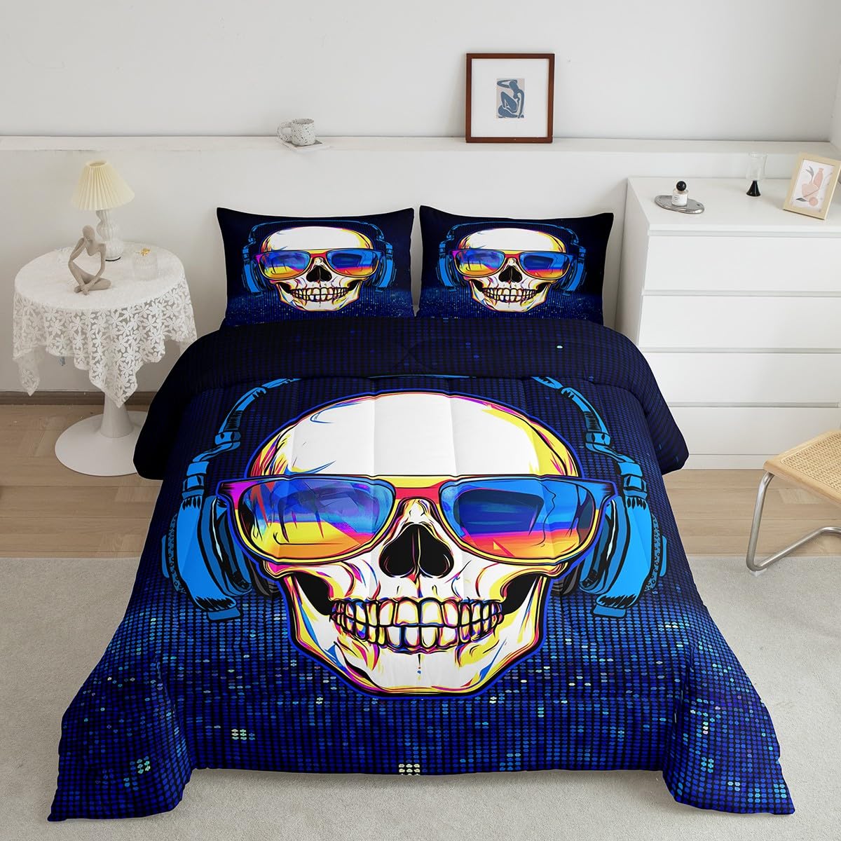 Erosebridal Punk Rock Skull Comforter Set - Gothic Music Theme Bedding for Teens & Boys, Black & Blue Queen Size Duvet Cover | Perfect for Rock Music Lovers' Bedroom Decor & Alternative Fashion Style