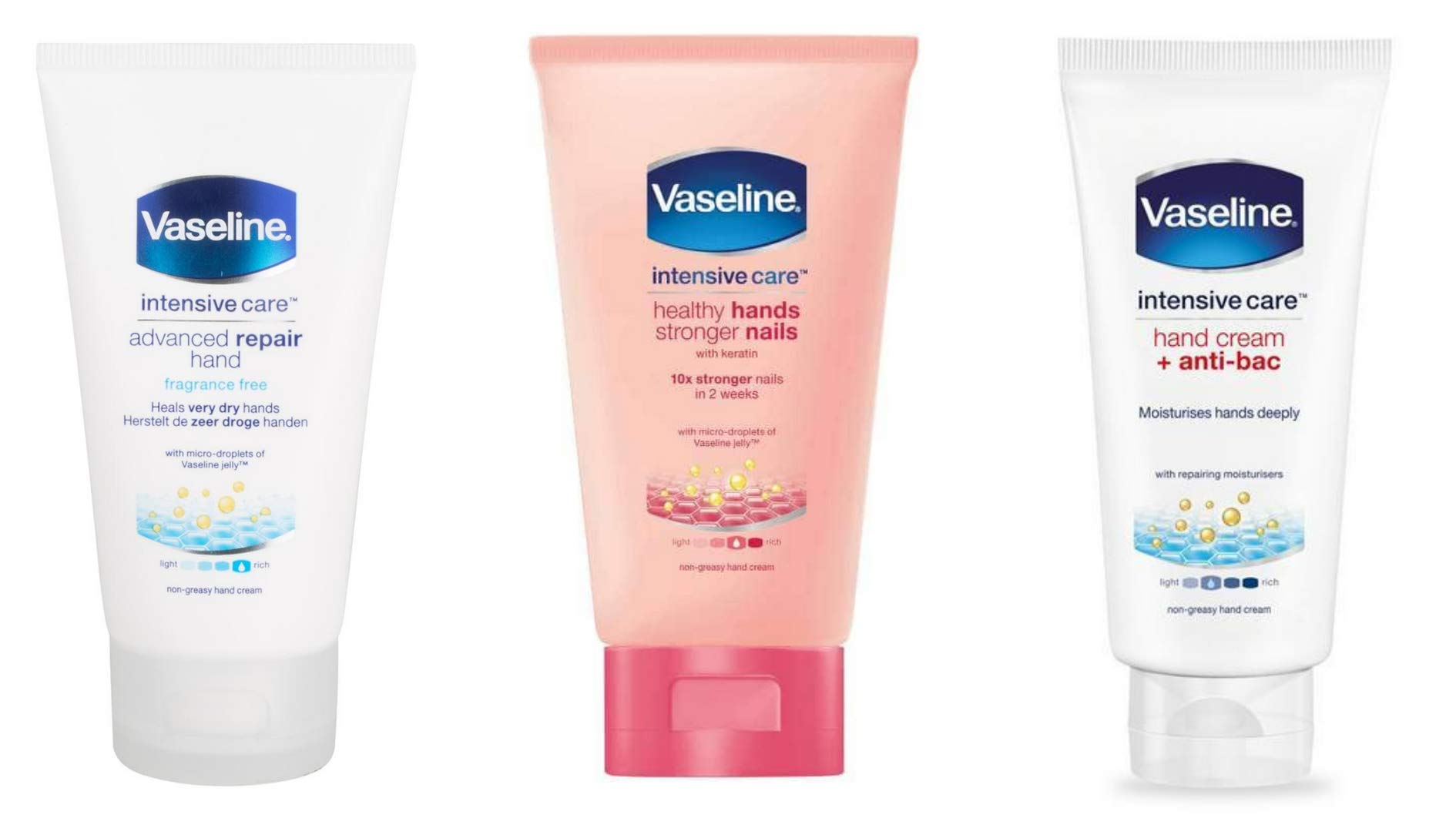 Vaseline Intensive Care Hand Cream Set of 3 - 75ml Each (Anti-Bacterial, Healthy Hands, Advanced Repair) | Moisturizing Hand Lotion for Dry Skin | Perfect for Bathroom, Travel, Office & On-The-Go Use
