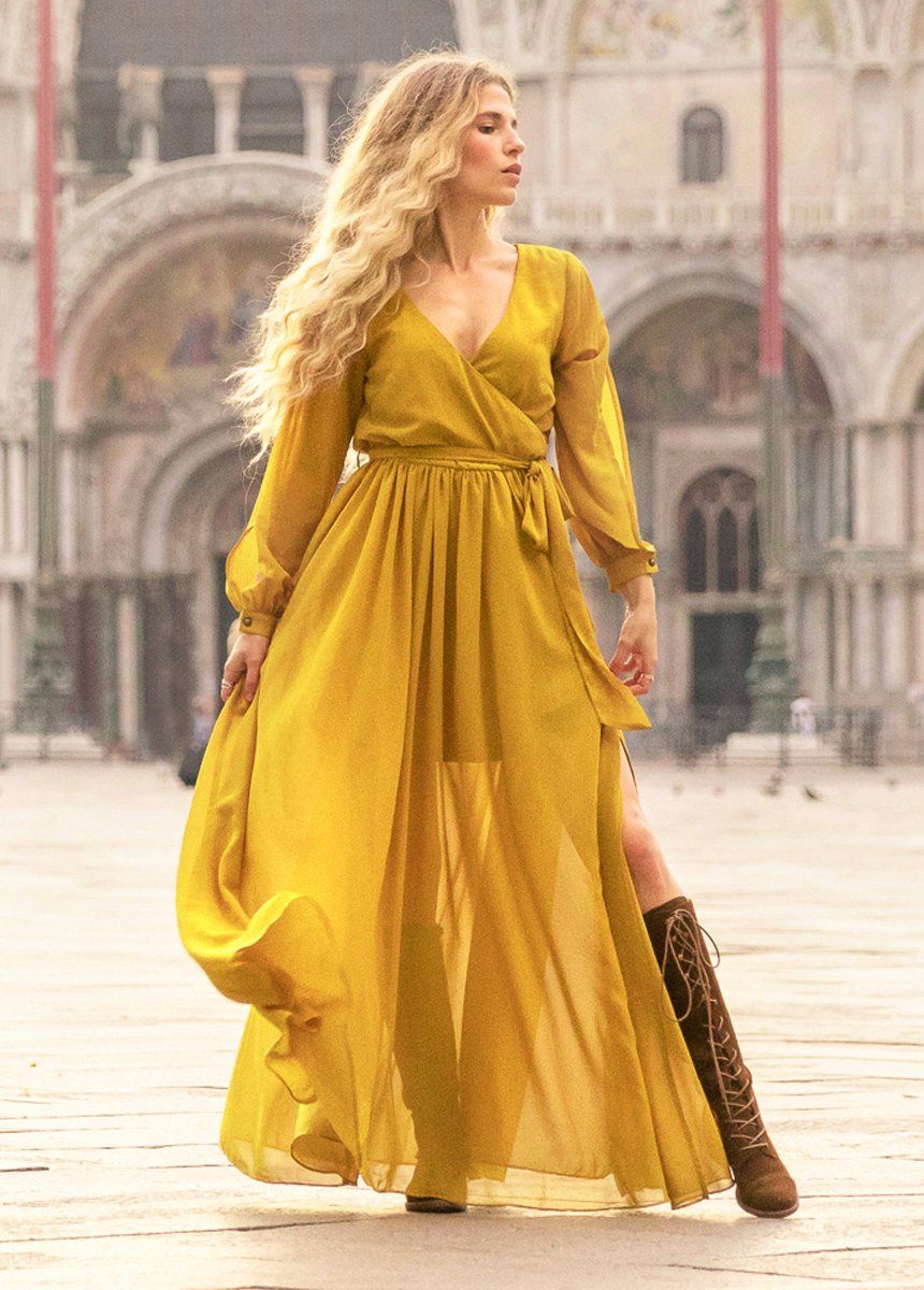 Aniya Mustard Yellow Dress for Women | Flowy Midi Dress with Pockets | Perfect for Casual Outings, Date Nights & Summer Vacations