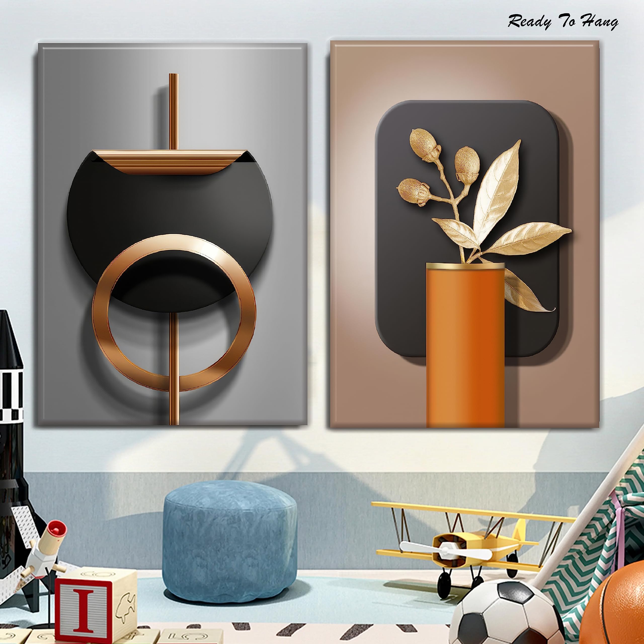 2-Piece 3D Geometric Abstract Wall Art - Black Copper Canvas Prints with Stereoscopic Effect, Nordic Luxury Home Decor for Living Room & Bedroom | Modern Black Gold Gray Artwork for Contemporary Spaces