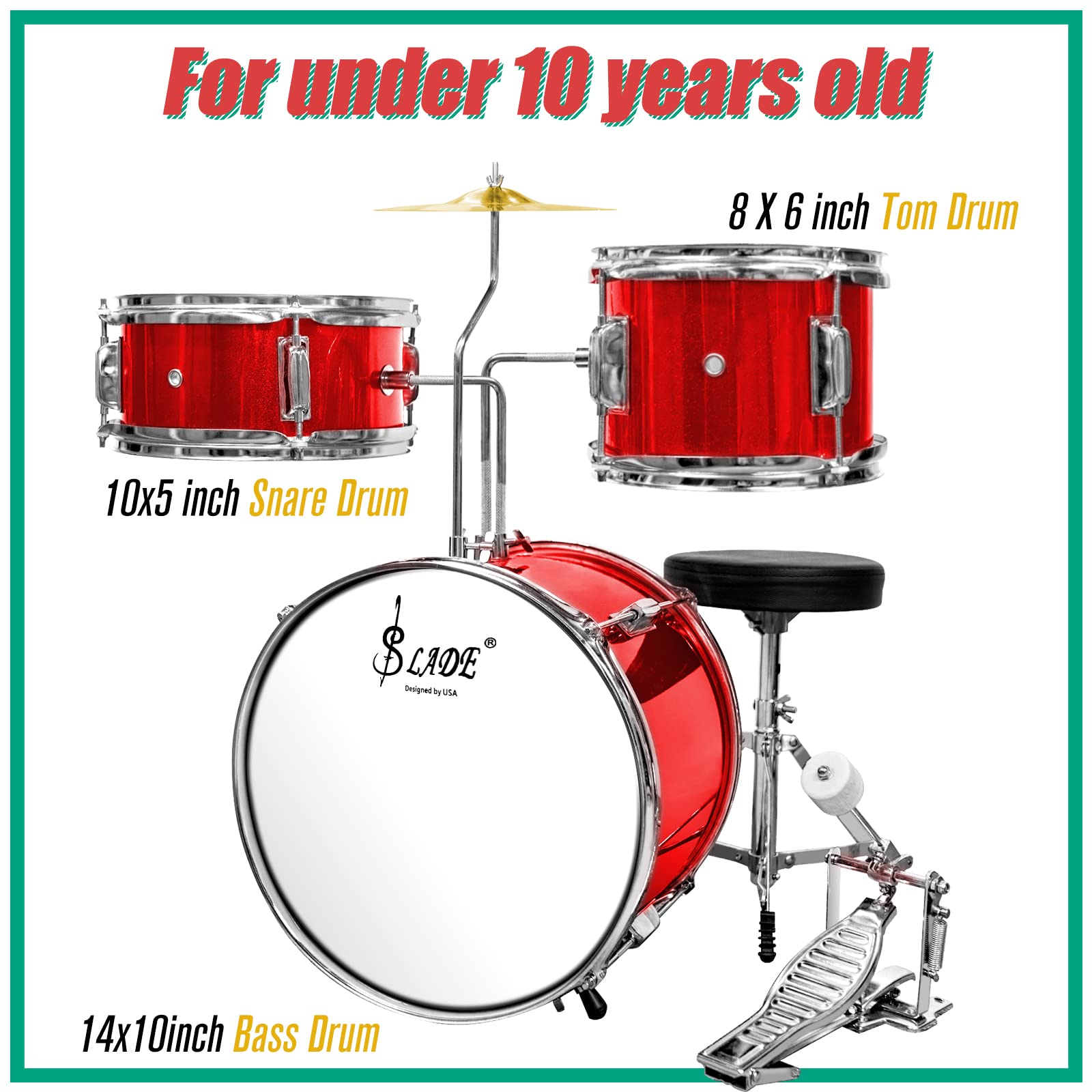 SLADE 3-Piece Kids Drum Set - Junior Drum Kit with Stool & Sticks, Musical Toy for Toddlers & Children (Red) | Perfect for Birthday Gifts, Music Education & Home Play